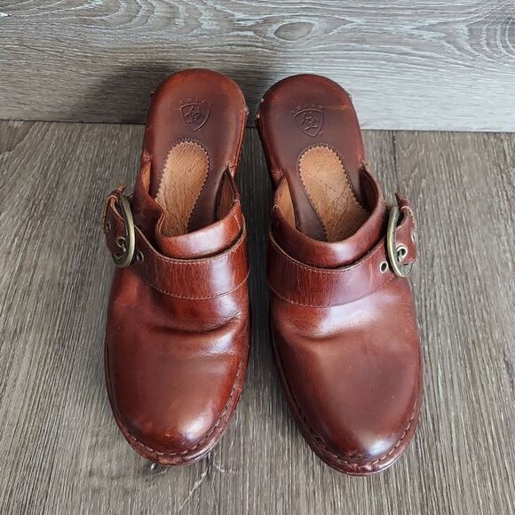 ARIAT Womens Sz 6.5 B Brown Leather Heeled Horseshoe Buckle Slip-On Clogs - Picture 3 of 9